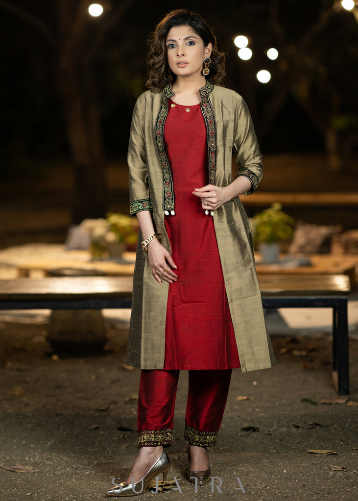 Beautifully embroiderd golden jacket with maroon cotton silk inner - Embroidered Pant Optional