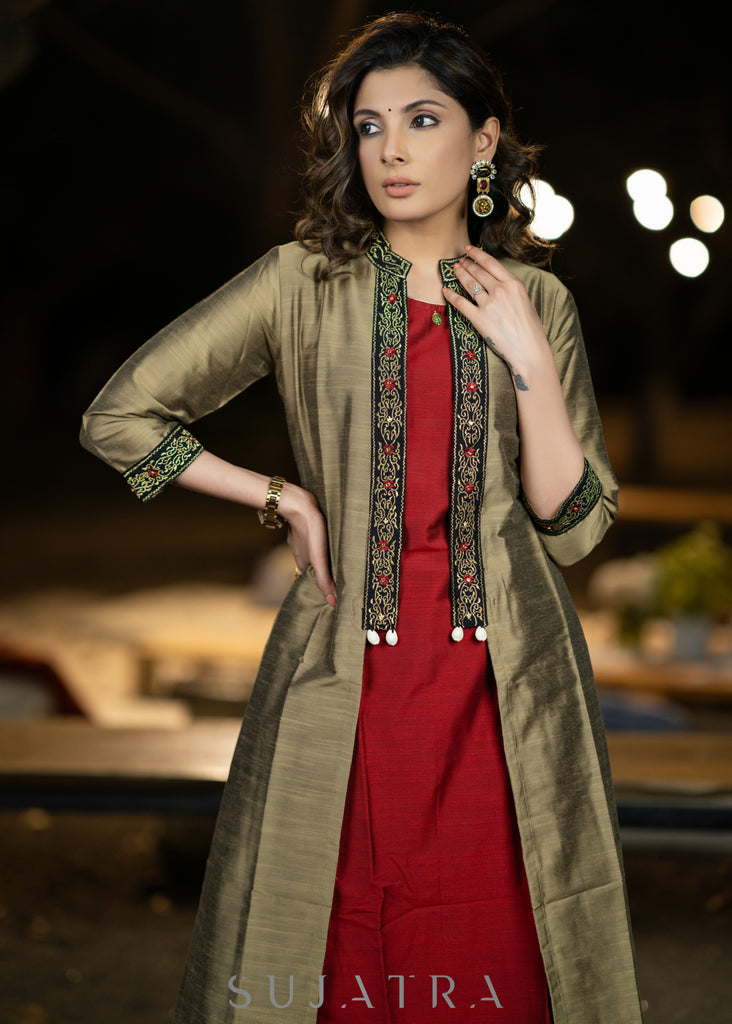 Beautifully embroiderd golden jacket with maroon cotton silk inner - Embroidered Pant Optional