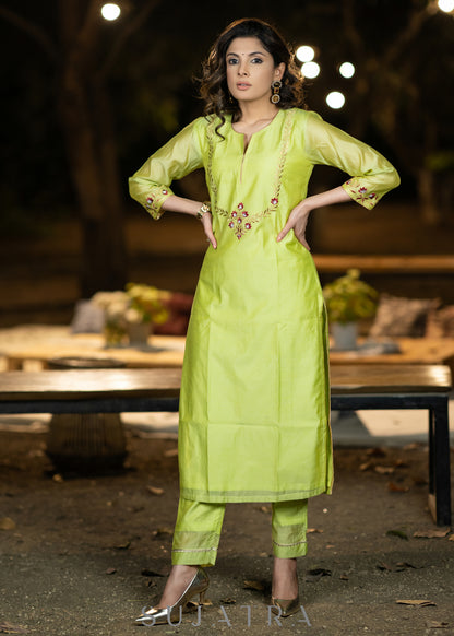 Embroidered Lemon Chanderi kurta