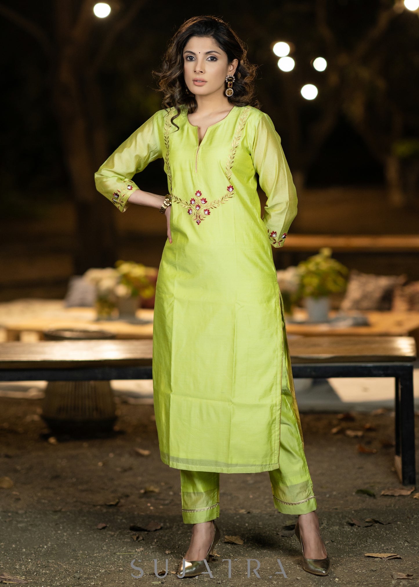 Embroidered Lemon Chanderi kurta