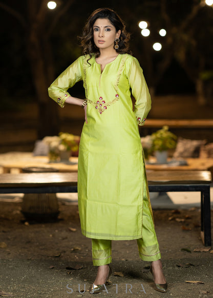 Embroidered Lemon Chanderi kurta