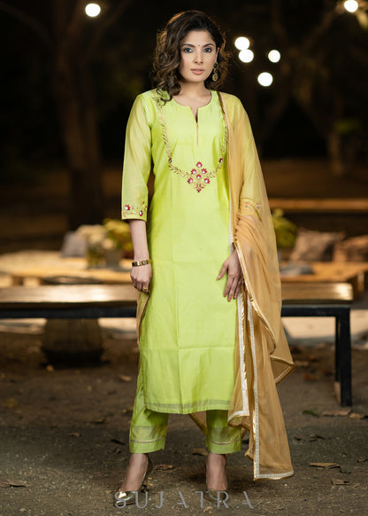 Embroidered Lemon Chanderi kurta