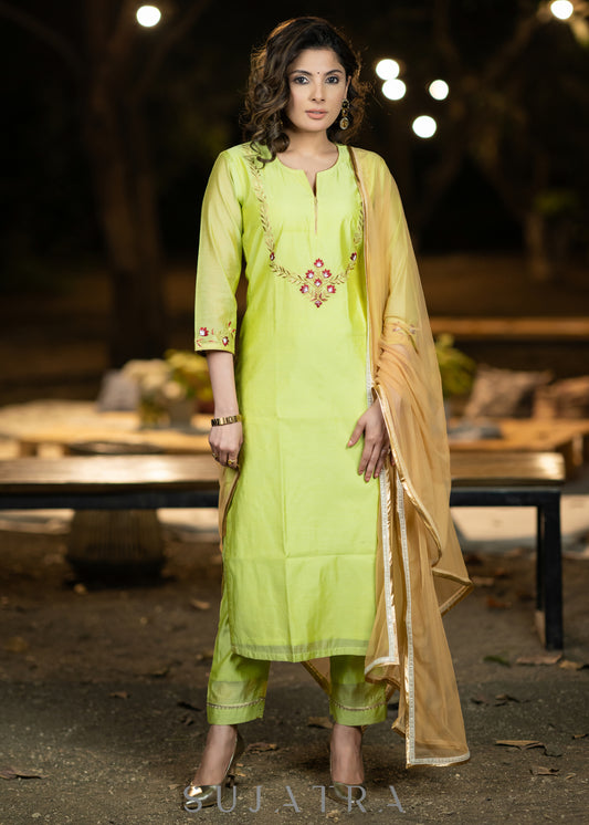 Embroidered Lemon Chanderi kurta