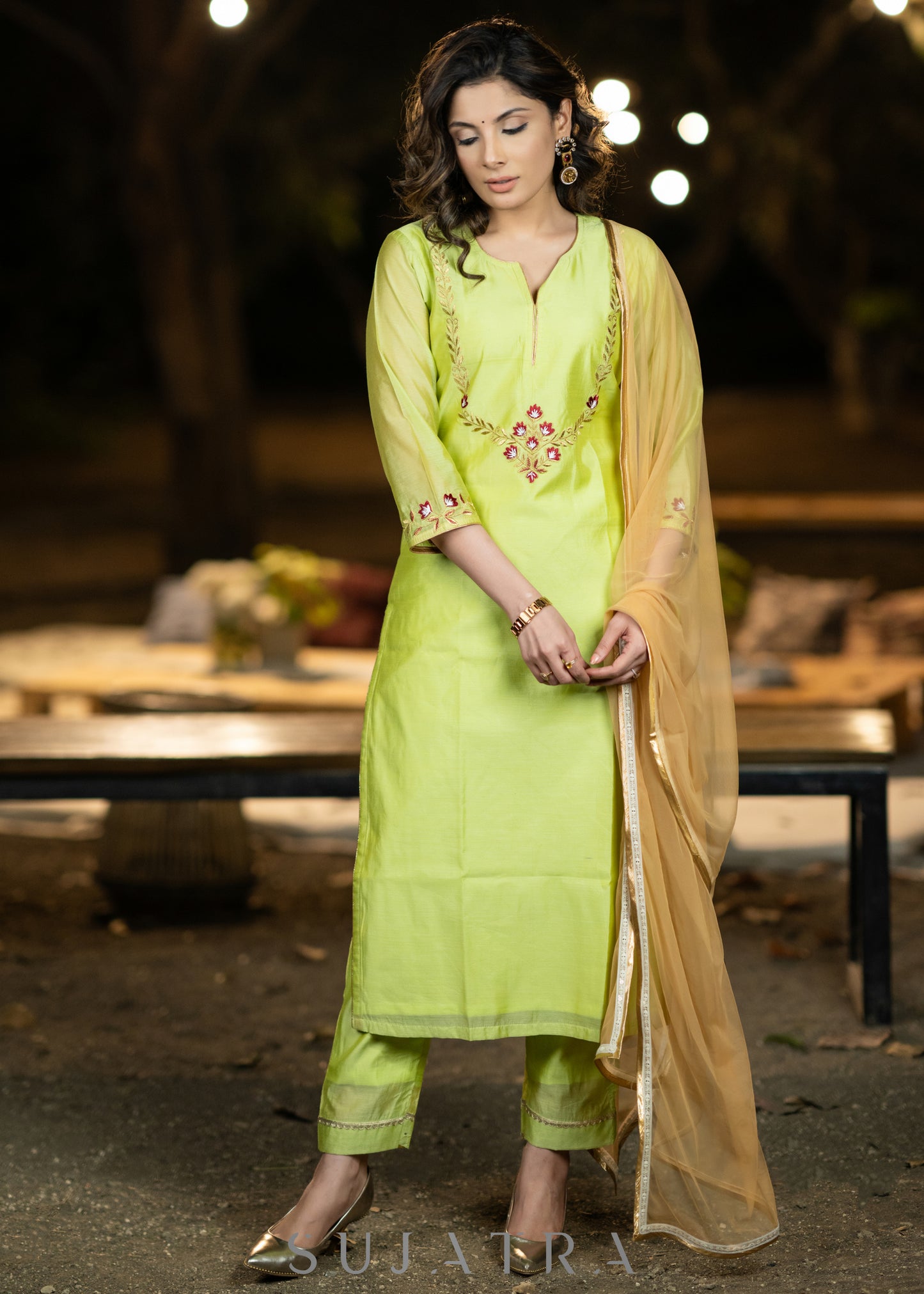 Embroidered Lemon Chanderi kurta