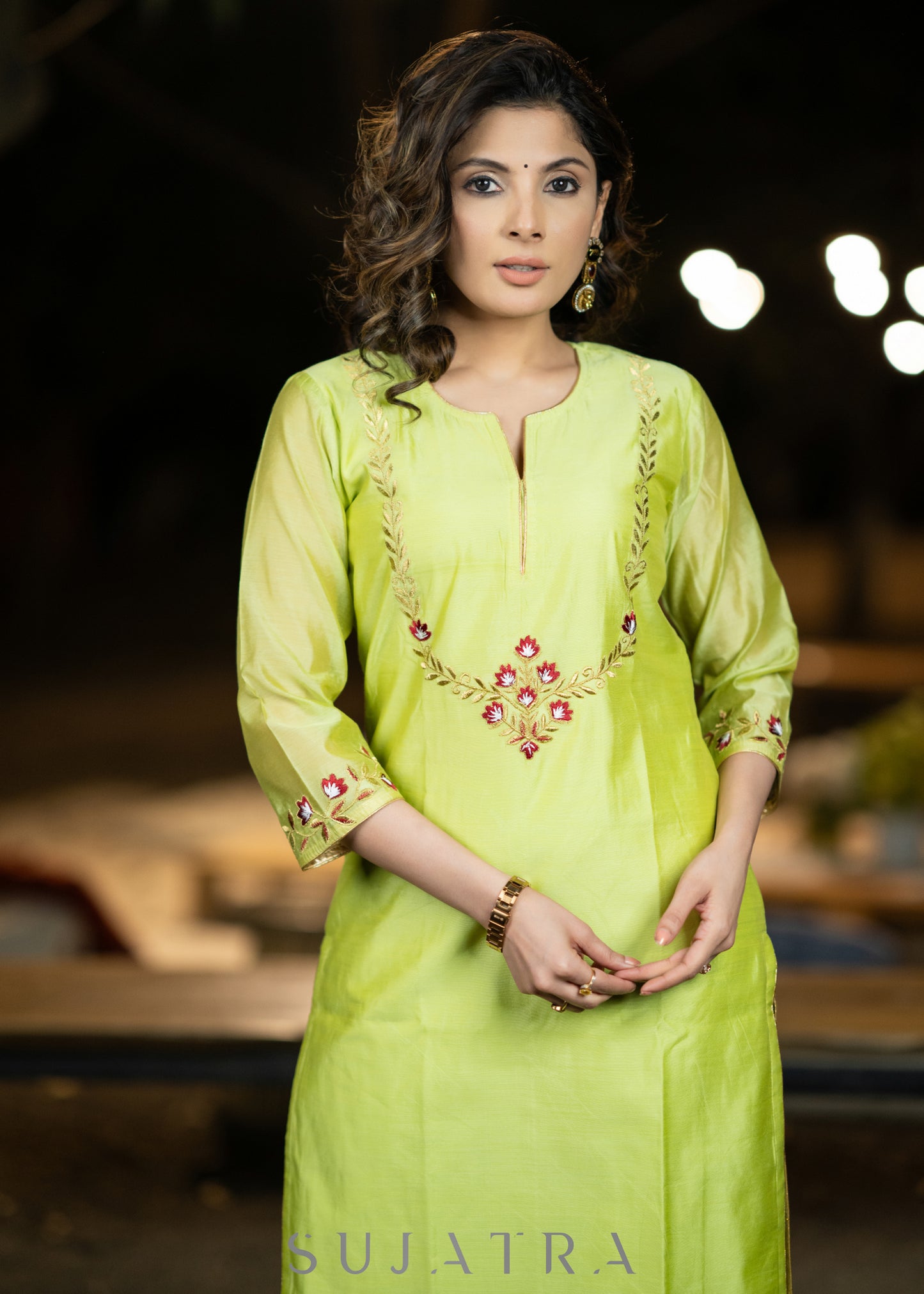 Embroidered Lemon Chanderi kurta