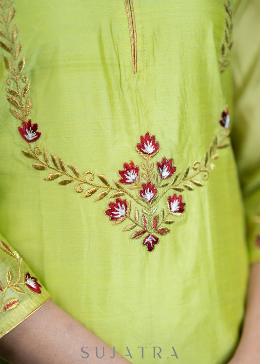 Embroidered Lemon Chanderi kurta