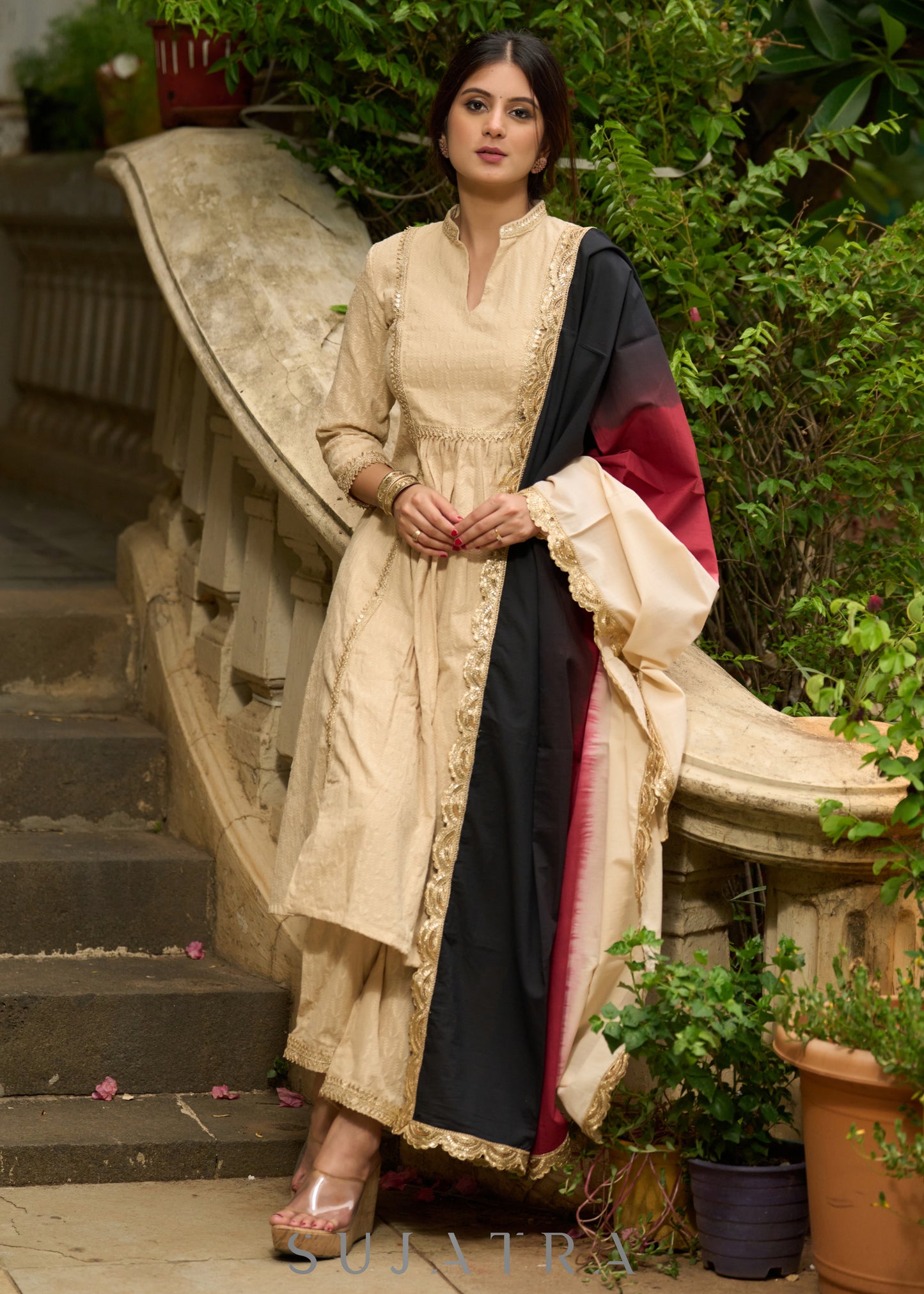 Classic beige self-textured Kurta