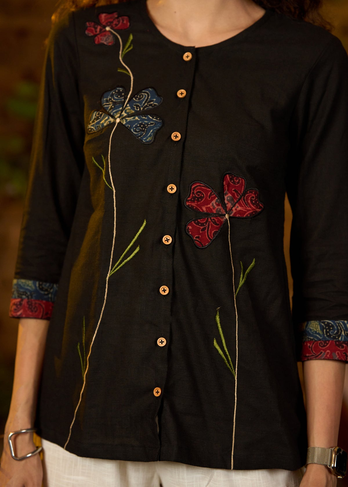 Trendy Black cotton top with floral applique work - Pant Optional