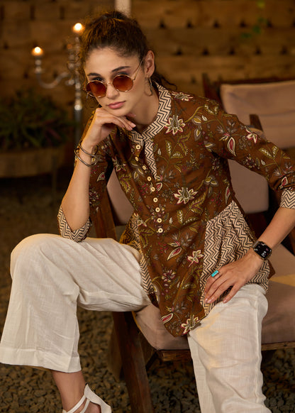 Brown floral printed top with zig zag ajrakh on sides -Pant optional