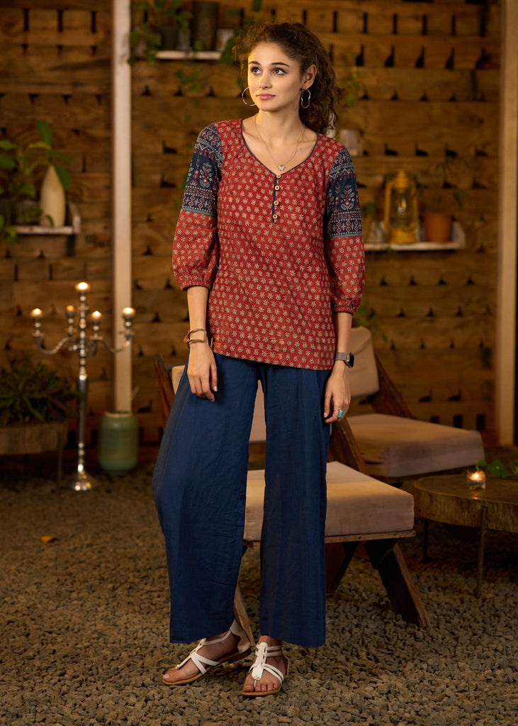 Maroon printed top with contrast details on sleeves - Pant optional