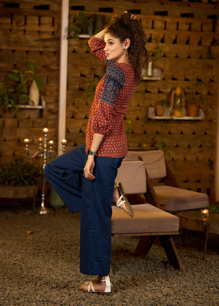 Maroon printed top with contrast details on sleeves - Pant optional
