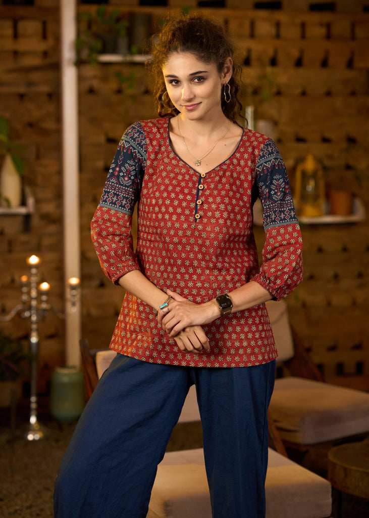 Maroon printed top with contrast details on sleeves - Pant optional