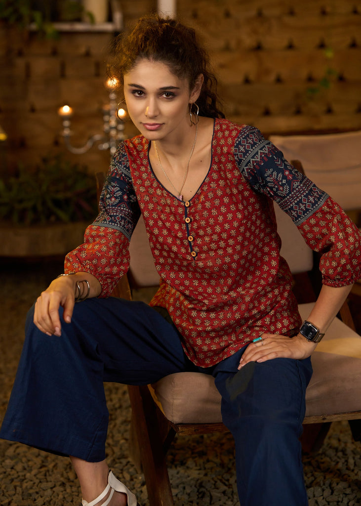 Maroon printed top with contrast details on sleeves - Pant optional