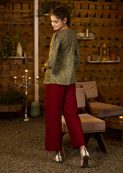 Mehendi green bandhani print top with embroidered yoke