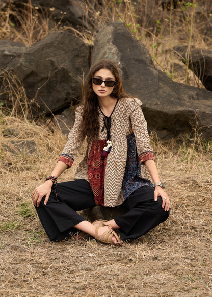Ajrakh mix & match zig-zag pattern top with front tie-ups  - Pant Optional