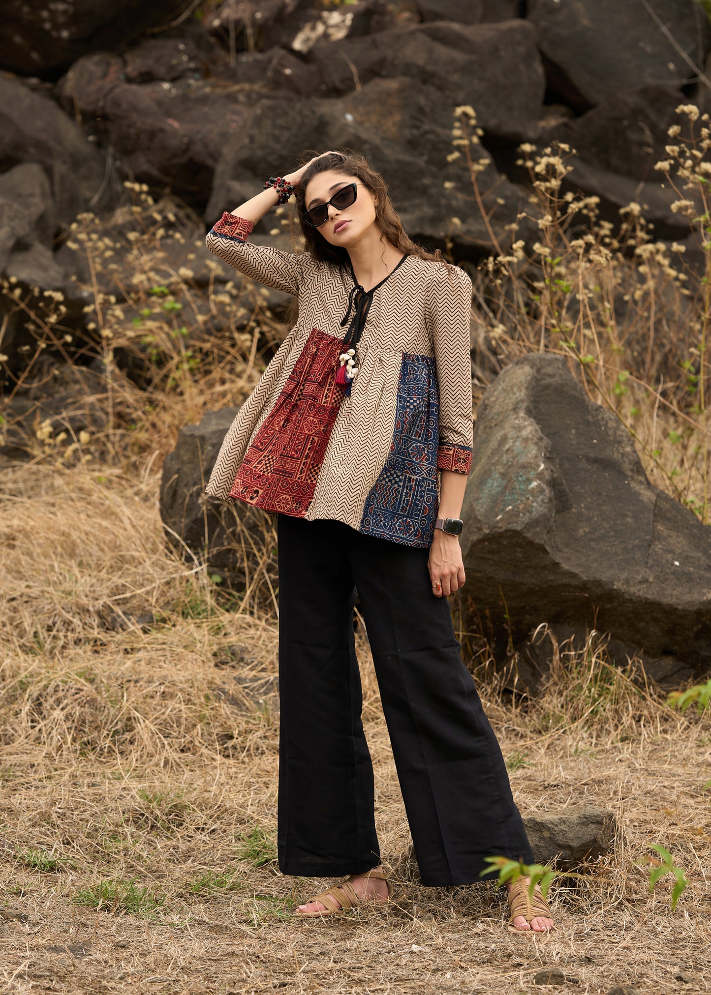 Ajrakh mix & match zig-zag pattern top with front tie-ups  - Pant Optional