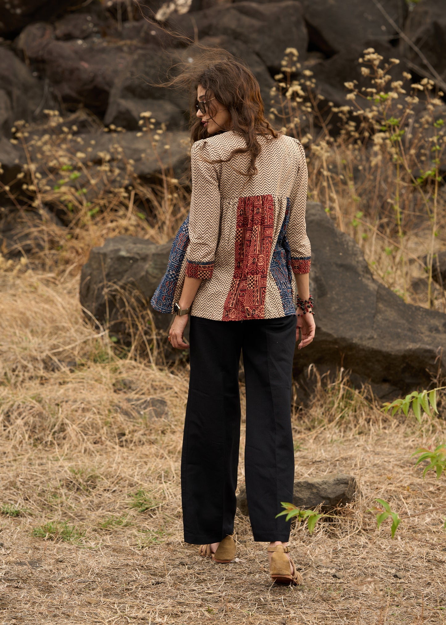 Ajrakh mix & match zig-zag pattern top with front tie-ups  - Pant Optional