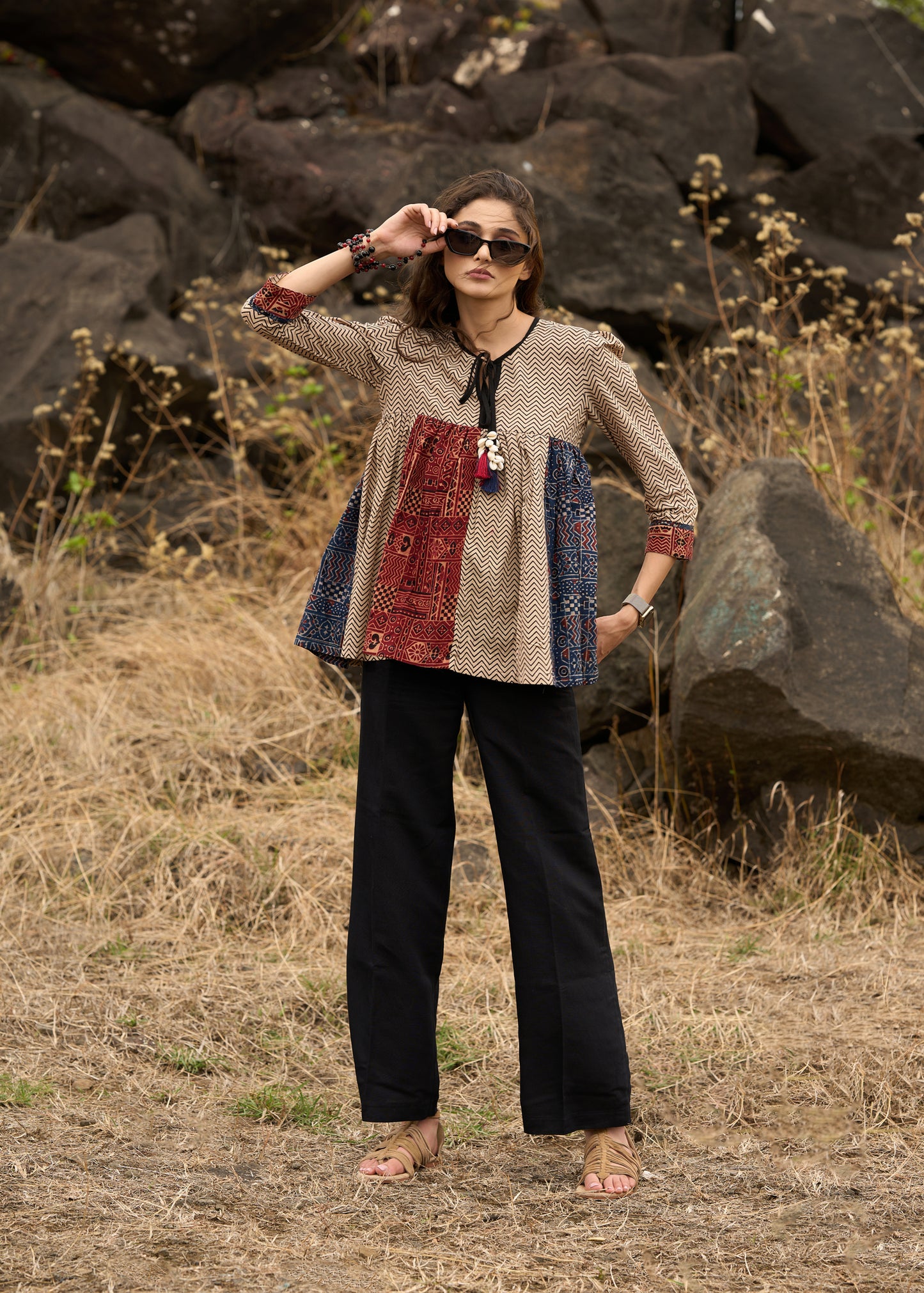 Ajrakh mix & match zig-zag pattern top with front tie-ups  - Pant Optional