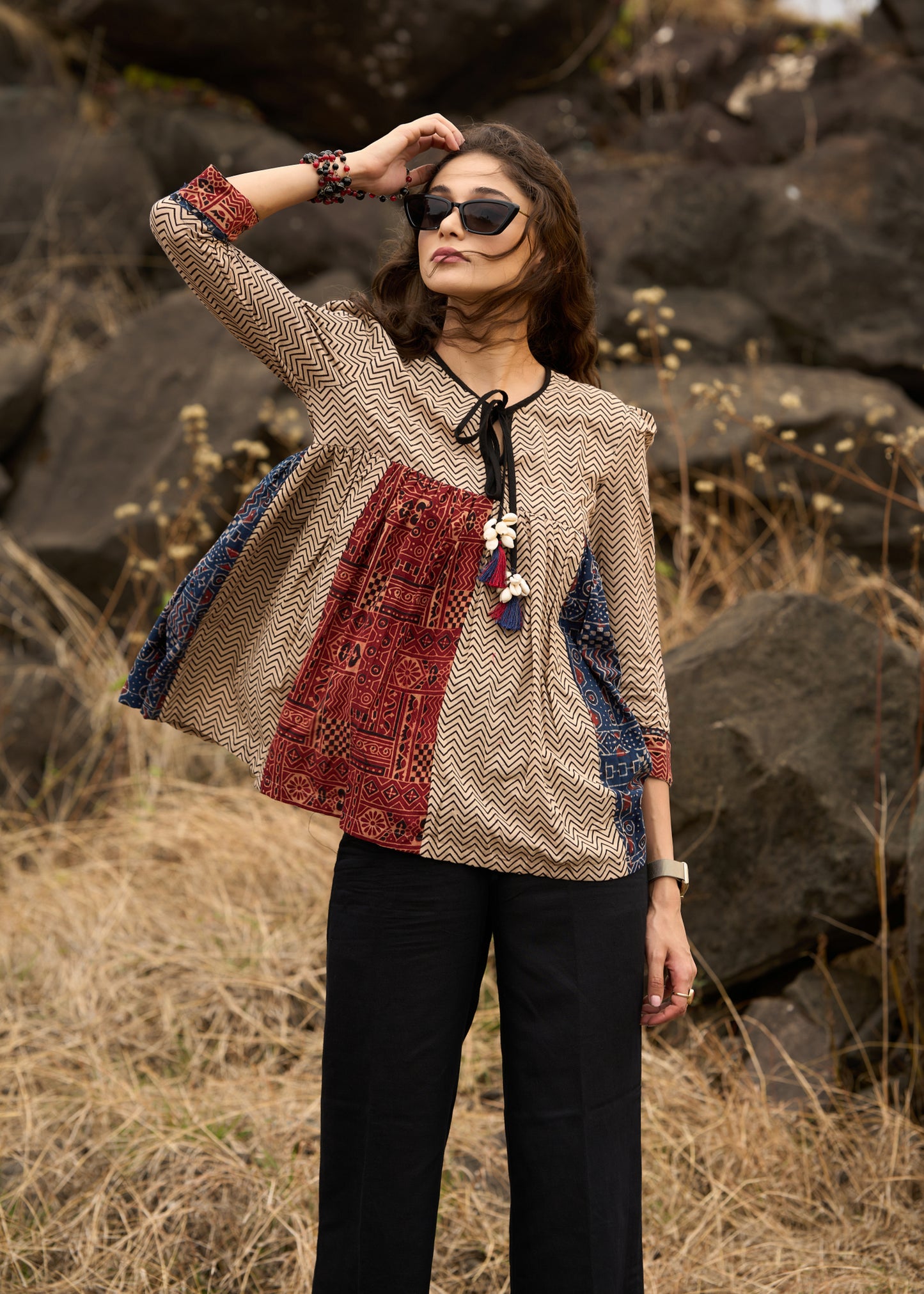 Ajrakh mix & match zig-zag pattern top with front tie-ups  - Pant Optional