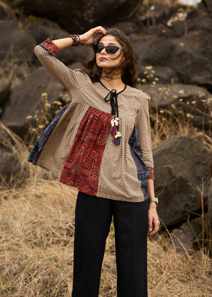 Ajrakh mix & match zig-zag pattern top with front tie-ups  - Pant Optional