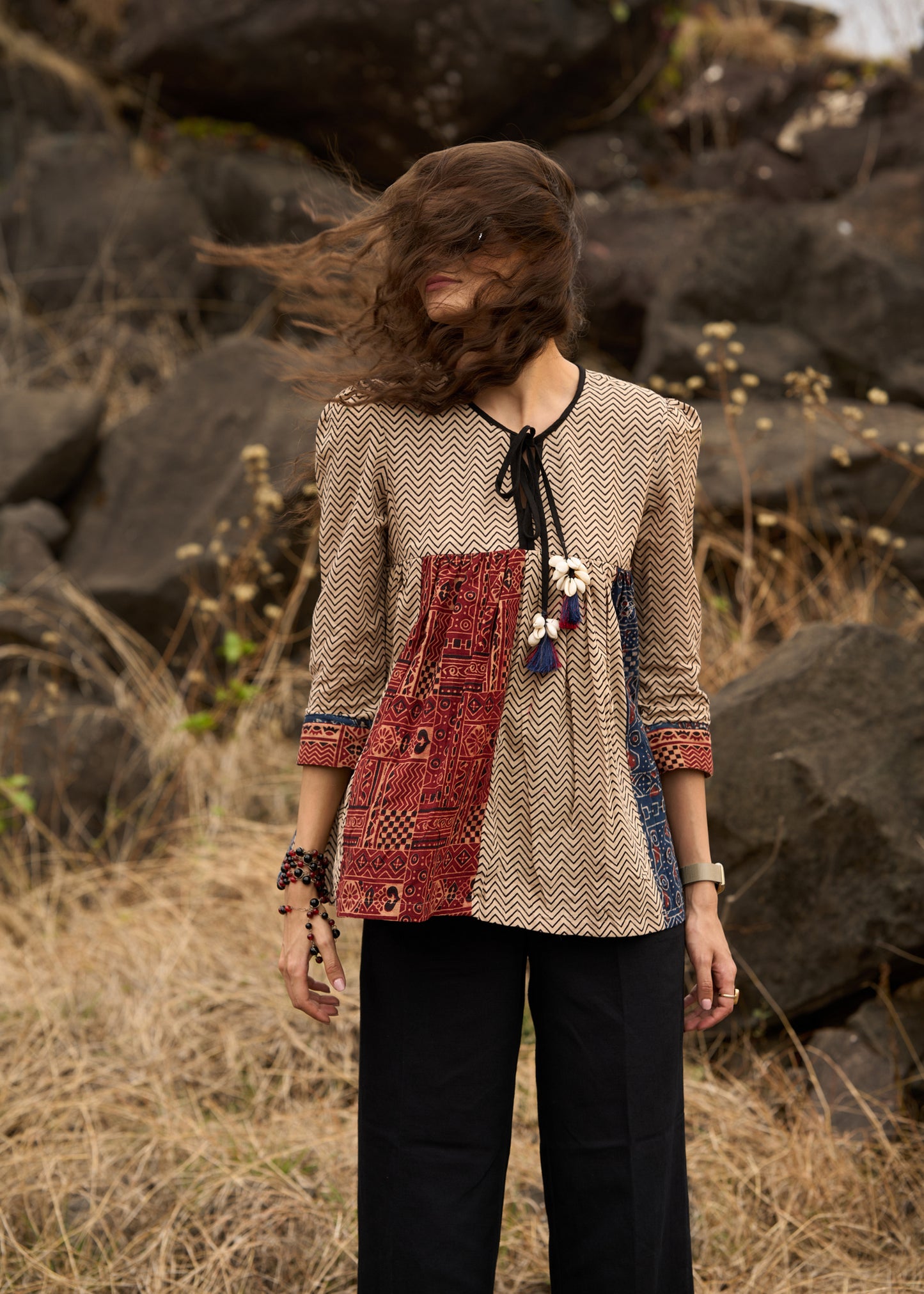 Ajrakh mix & match zig-zag pattern top with front tie-ups  - Pant Optional