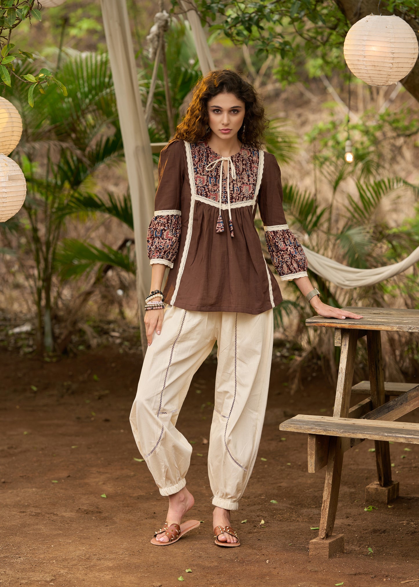 Brown kalamkari top with beautiful lacework - Pant Optional