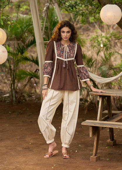 Brown kalamkari top with beautiful lacework - Pant Optional