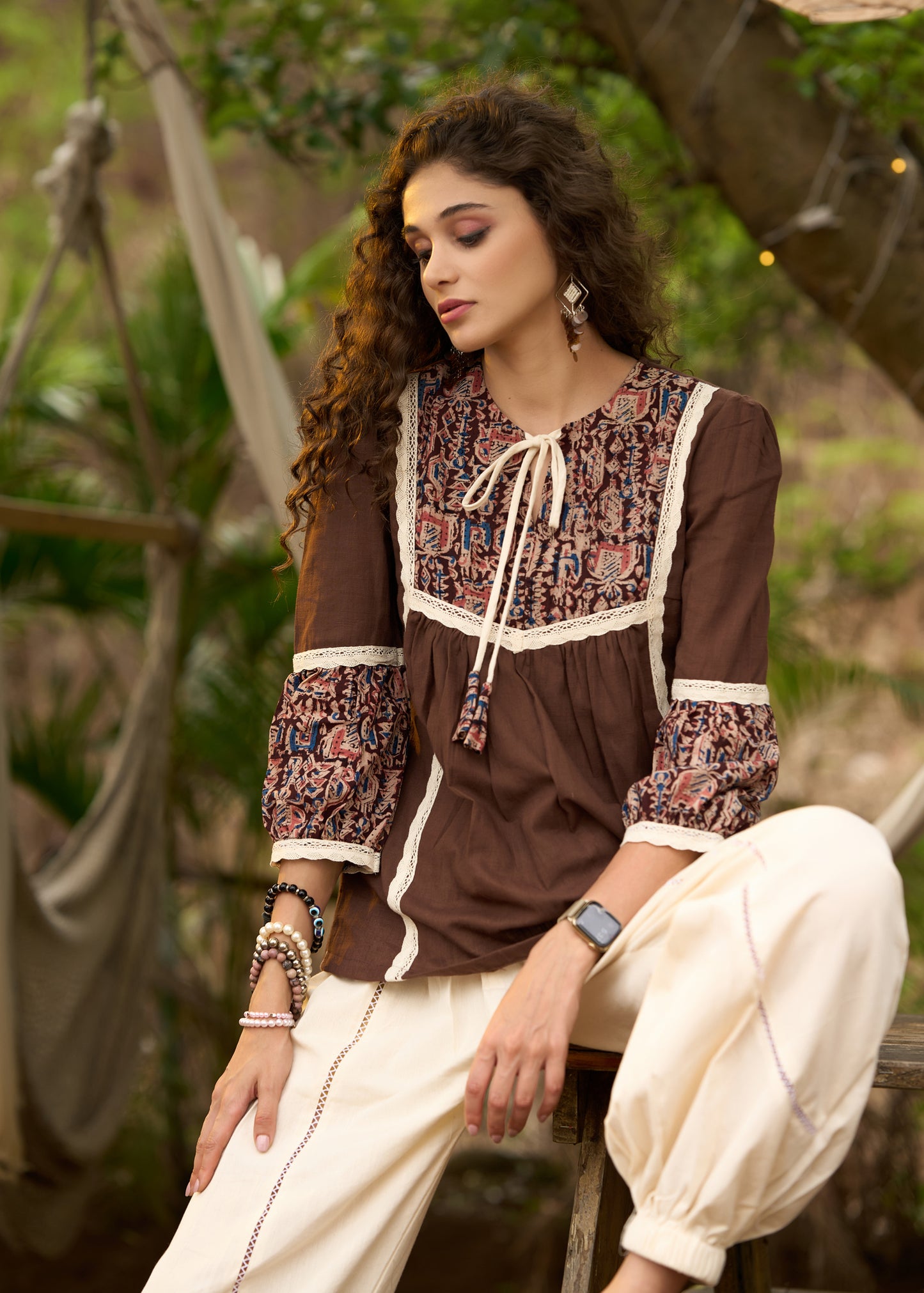 Brown kalamkari top with beautiful lacework - Pant Optional
