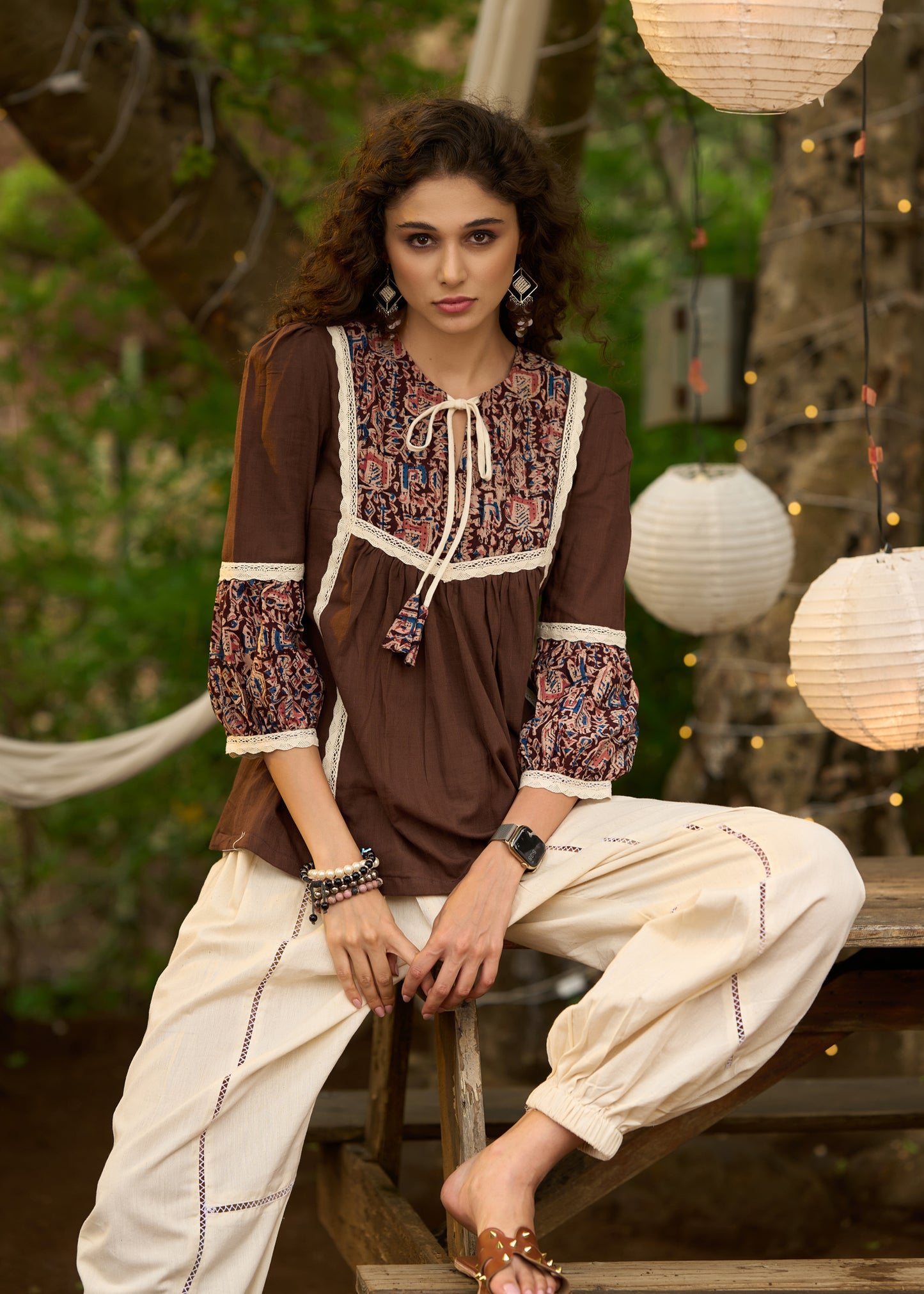 Brown kalamkari top with beautiful lacework - Pant Optional