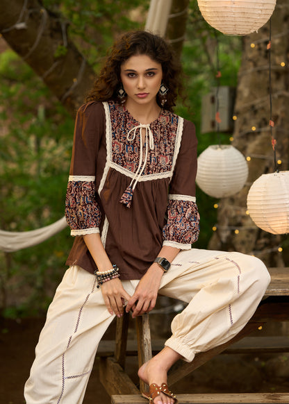 Brown kalamkari top with beautiful lacework - Pant Optional
