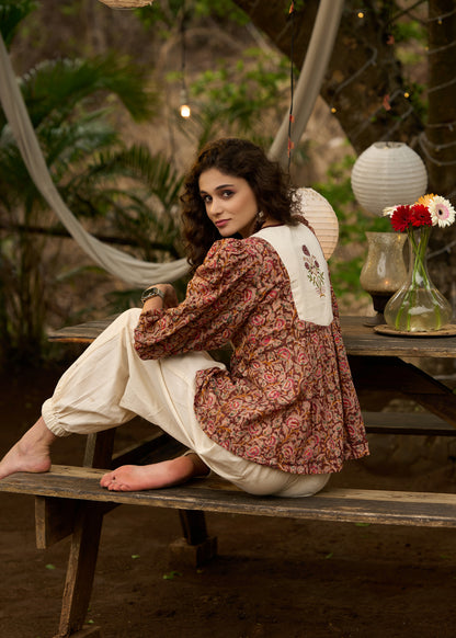 Stylish Kalamkari embroidered top with tie-ups -Pant optional