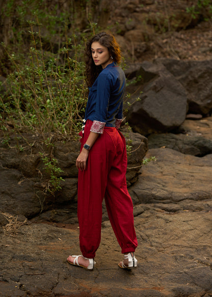 Navy blue crop top with embroidered border & side tie-ups - pant Optional
