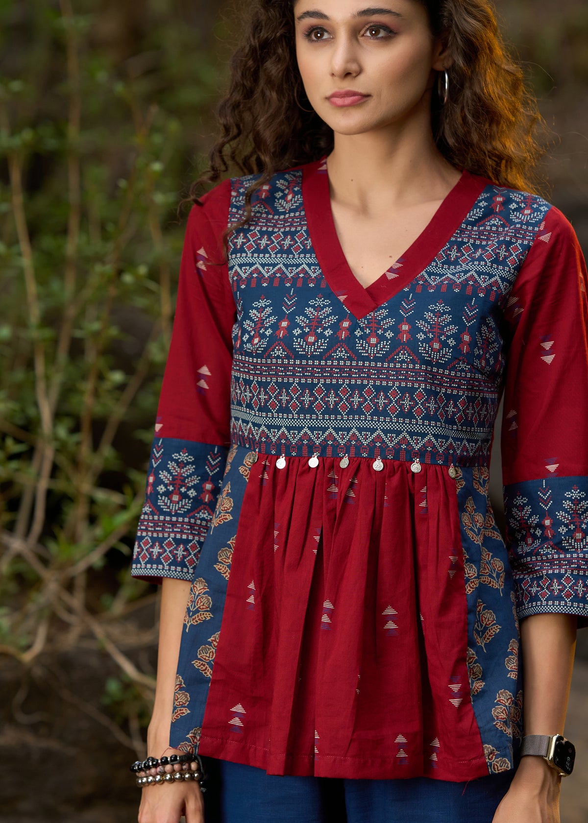 Dussehra Sale — Maroon & navy blue block printed top with coin work - Pant Optional
