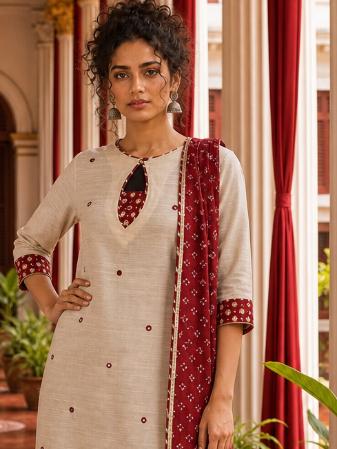Elegant Beige Textured Kurta with Maroon Keyhole Neckline, Mirror Work & Bandhani Print Palazzo Set — Dupatta