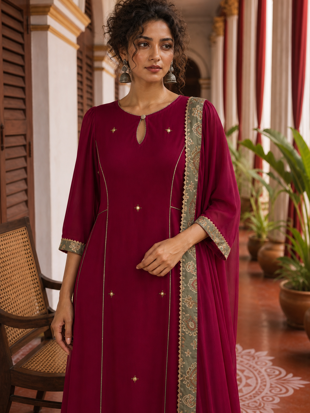 Rani pink dupatta with grey digital print border