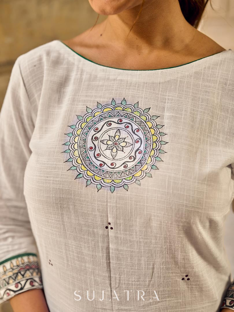 Cultural White Cotton Kurta with Traditional Madhubani Painting on Front & Sleeves - Pant Optional