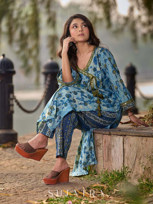 Angarkha-Style Indigo & Olive Kurta with Olive Mirror Detailing and Dori Tie-Up