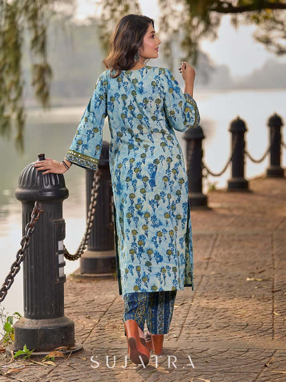 Angarkha-Style Indigo & Olive Kurta with Olive Mirror Detailing and Dori Tie-Up
