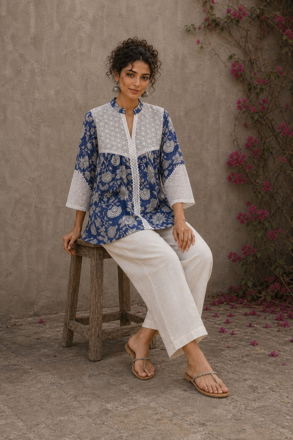 Blue floral Jaipur-printed top with statement hakoba panels and delicate white lace accents.