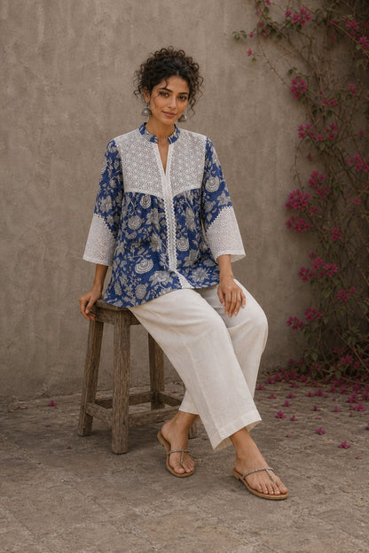Blue floral Jaipur-printed top with statement hakoba panels and delicate white lace accents.
