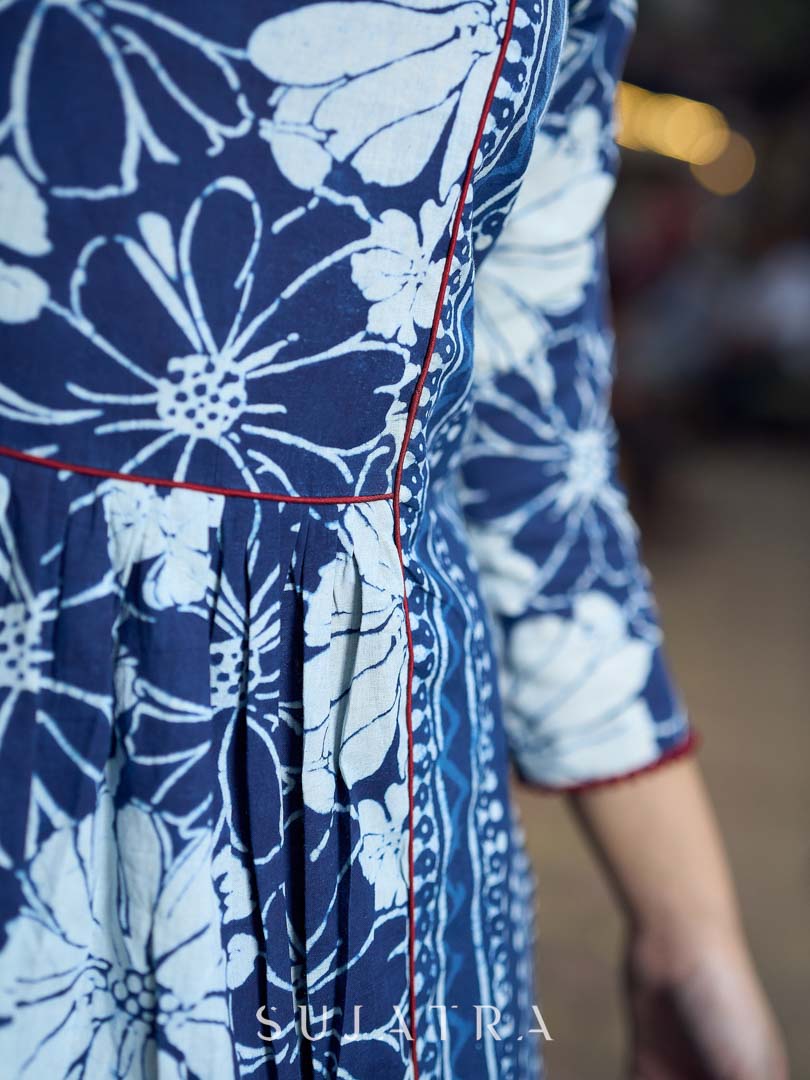 Contemporary Indigo Kurta Featuring Floral & Stripe Panels, Maroon Highlights and Asymmetric Gathered Yoke