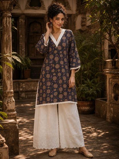 Navy Blue Floral Print Short Kurta with White Hakoba V-Neck Trim & Bell Sleeves