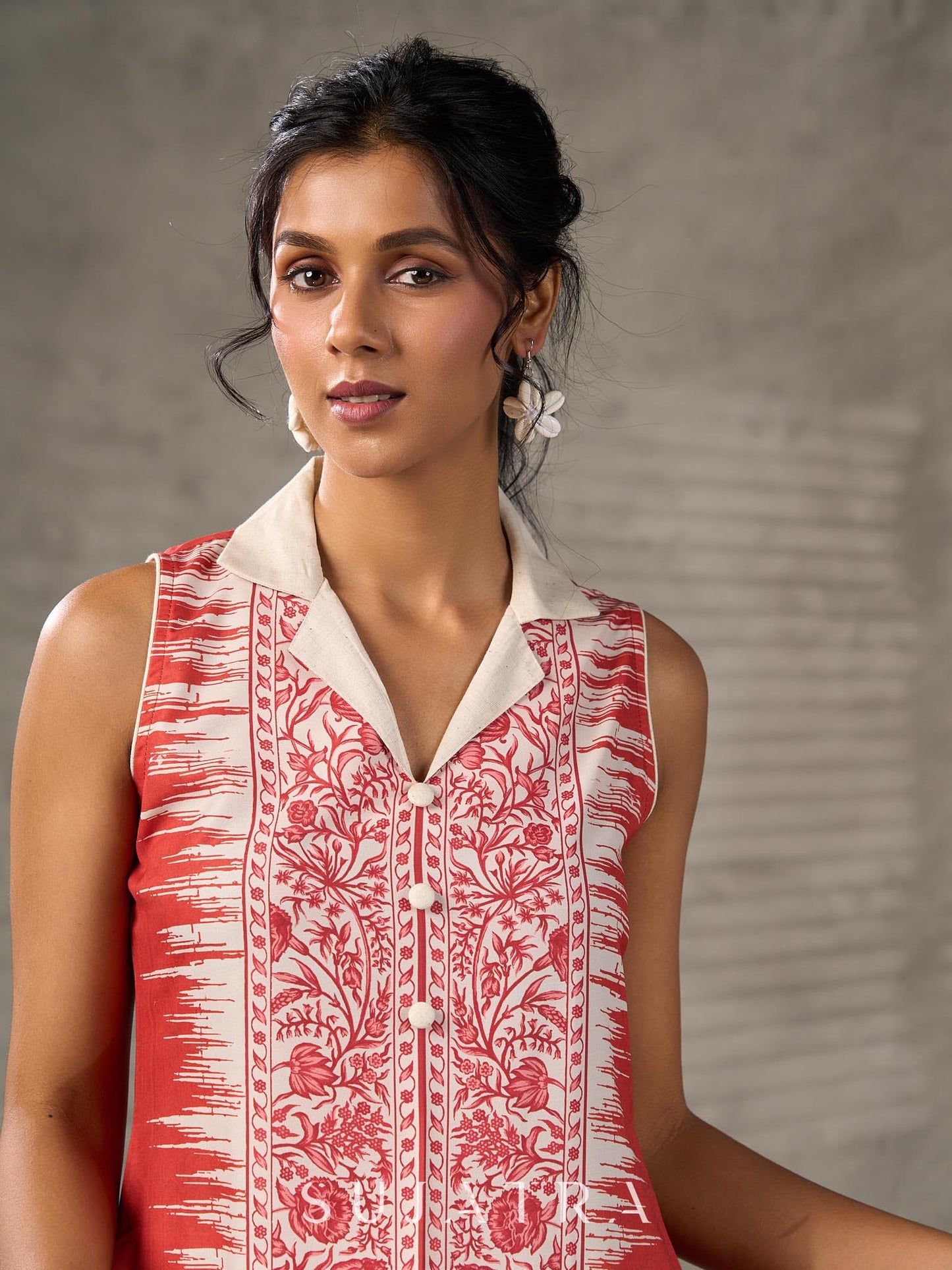 Brick Orange shirt dress with timeless traditional prints, off white notch collar and off white accents
