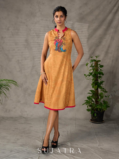 Mustard Gond printed mandarin collar dress with vibrant pink accents.