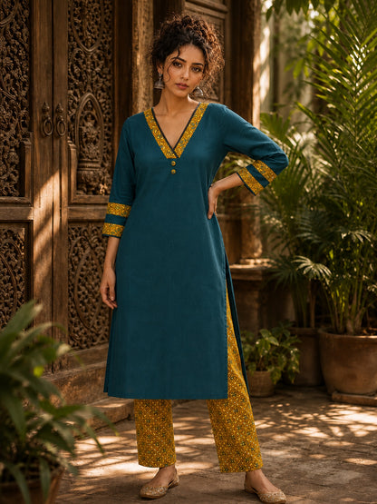 Classic Teal Cotton Kurta with Ajrakh Printed V-Yoke & Double Cuff Band Detail