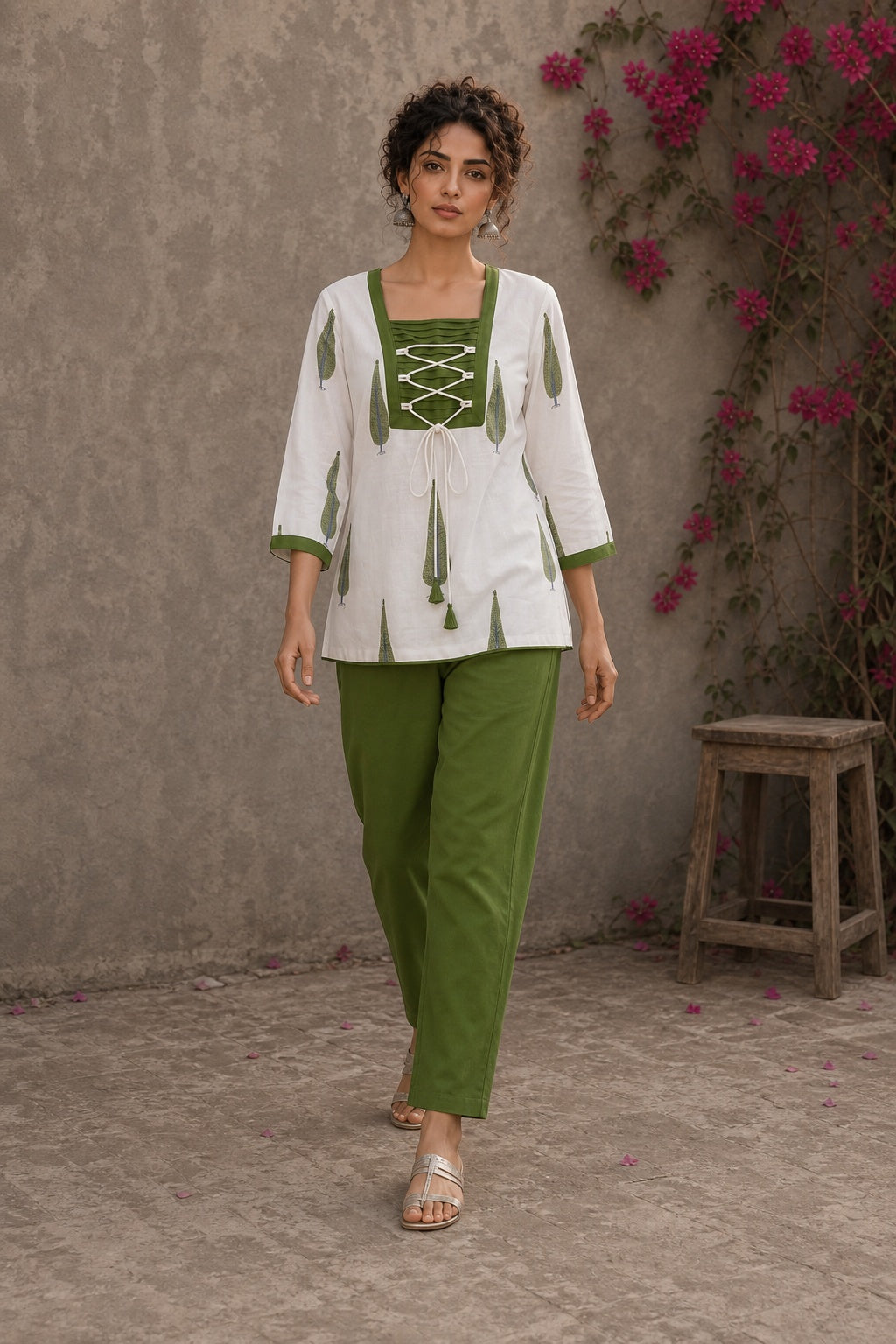 Pretty white Jaipur floral top featuring green leaf motifs, intricate pin-tuck neck, and feminine tie-lace details.