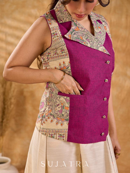 Elegant Madhubani jacket featuring magenta panels, asymmetrical closure, and a notch collar, enhanced with matching accents for a clean, tailored silhouette ideal for elevated corporate wear.