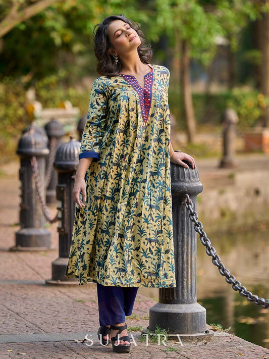 Artisan Indigo Kurta with Animal Motifs, Overlapping Neck and Handcrafted Maroon Mirror Detailing