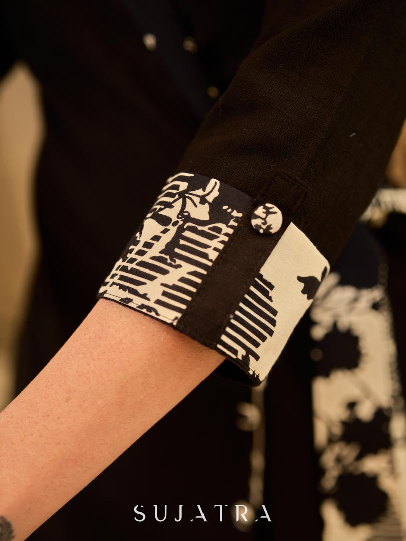 Chic black overlapping blazer-style wrap dress featuring printed black-and-white collar, cuffs, tie detail, and subtle accents