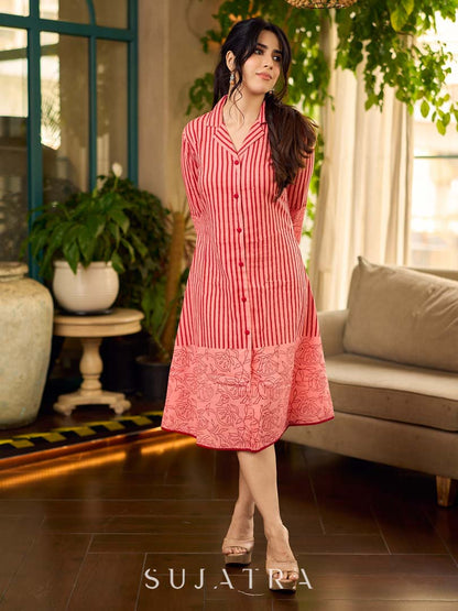 Peach and red block print stripe-floral shirt dress with fusion hand block printed stripes and jaal, a notch collar, and coordinated red accents for a vibrant, contemporary look.